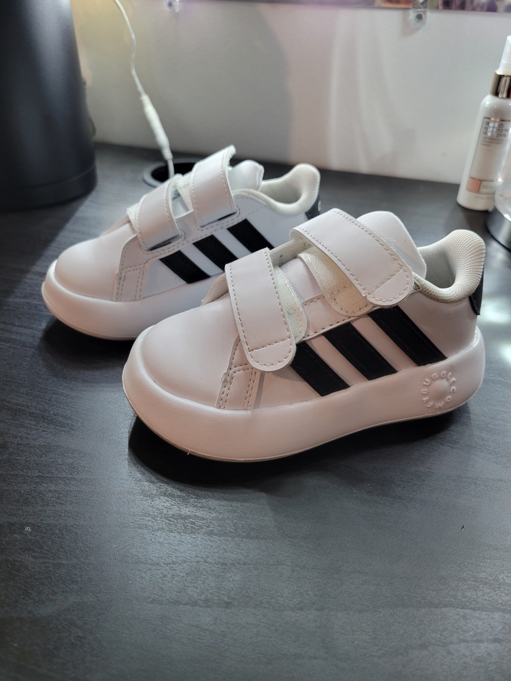 Adidas Kids White Sneakers with Black Stripes - Velcro Closure
